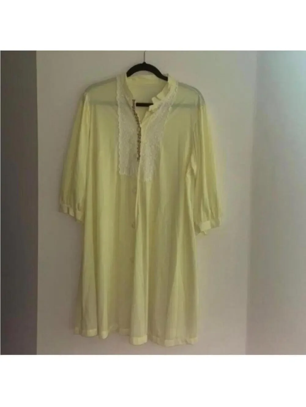 Vintage Yellow Button Down Pink Floral Embroider Lacer Trim Nightgown Lingerie